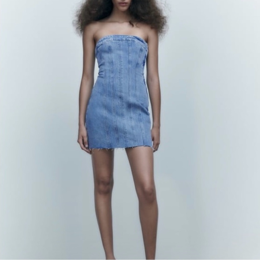 Zara Light Blue Strapless Denim Mini Dress